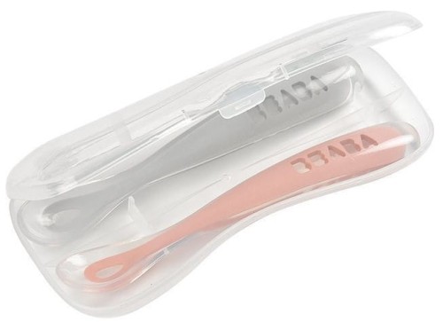 BEABA Zestaw 2 łyżeczek silikonowych w podróżnym etui 4 m+ Old Pink 5.jpg