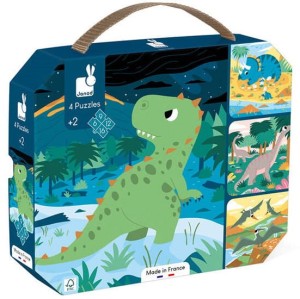 Puzzle progresywne w walizce Dinozaury 4 układanki – 6, 9, 12 i 16 elementów 2+ Made in France Janod
