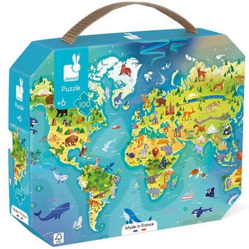 Janod Puzzle w walizce Mapa świata 100 elementów 6+ Made in France 1.jpg