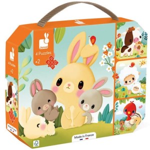 Janod Puzzle progresywne w walizce Zwierzątka na farmie 4 układanki – 6, 9, 12 i 16 elementów 2+ Made in France